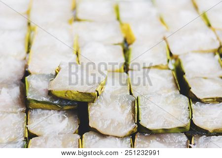 Patongkos On Tray With Banana Leaves Decoration Isolated On White With Clipping Path