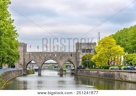 Tournai,belgium - May 19,2018 - View At The Trous Bridge Over Scheldt River In Tournai. Tournai Is O