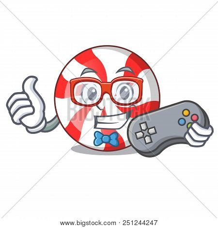 Gamer Peppermint Candy Mascot Cartoon Vector Illustration