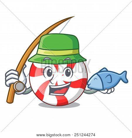 Fishing Peppermint Candy Mascot Cartoon Vector Illustration