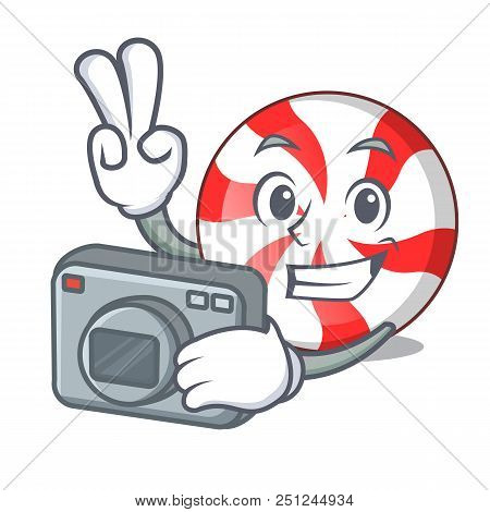 Photographer Peppermint Candy Mascot Cartoon Vector Illustration