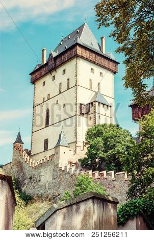 Karlstejn Is A Large Gothic Castle Founded 1348 By Charles Iv In Czech Republic. Ancient Architectur