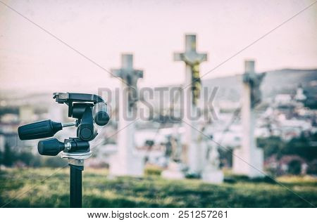 Tripod And Calvary In Nitra City, Slovak Republic. Travel Destination. Photo Trip. Analog Photo Filt