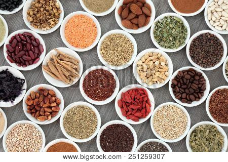 Dried diet health food with grains, cereals, legumes, nutritional supplement powders, fruit, seeds, nuts & herbs used as appetite suppressants. High in omega 3, antioxidants, fibre & vitamins.  