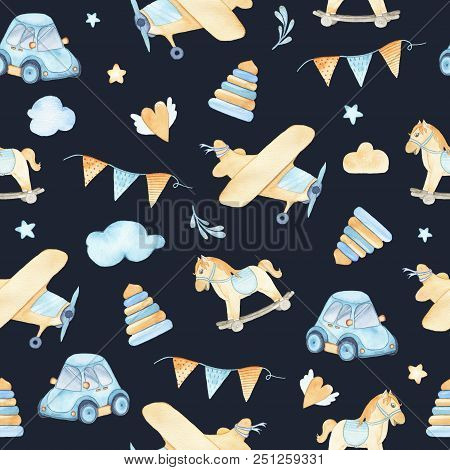 Watercolor Seamless Pattern With Boys Toys Car Airplane Pyramids Flags Rocking Horse Clouds Isolated