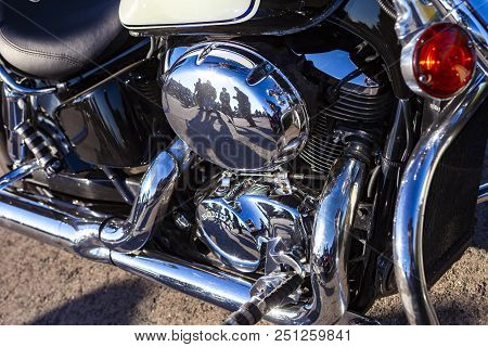 Tolyatti, Russia, May 09, 2018: Show Of Bikers Dedicated To Victory Day. Shiny Chrome Motorcycle Eng