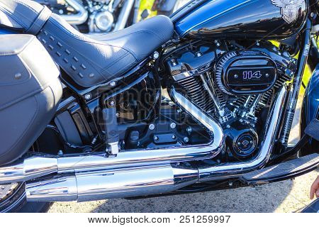 Tolyatti, Russia, May 09, 2018: Show Of Bikers Dedicated To Victory Day. Shiny Chrome Motorcycle Eng