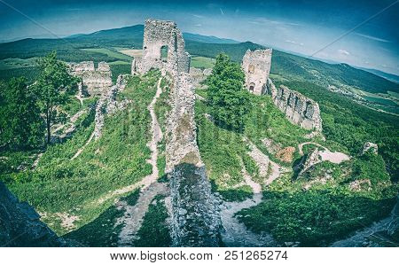Ruins Of The Castle Gymes In Slovak Republic. Travel Destination. Panoramic Photo. Analog Photo Filt