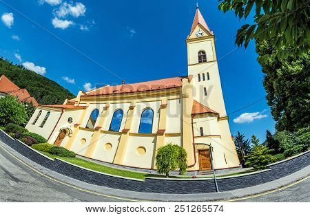 Church Of St. Stephen In Trencianske Teplice, Slovak Republic. Panoramic Photo. Religious Architectu