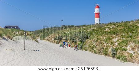 Borkum, Germany - July 25, 2018: Panorama Of People Walking Along The Lighthouse Of Borkum, Germany