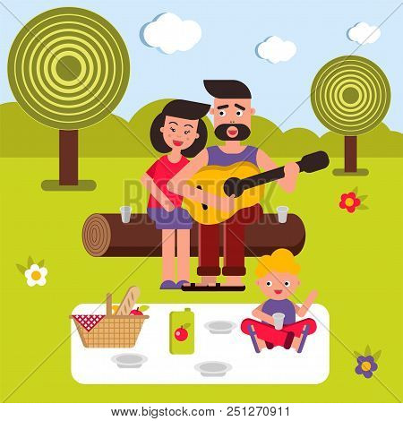 Vector Flat Illustration, Style Cartoon. Young Happy Family On A Picnic. Mom, Dad And Baby. A Song W