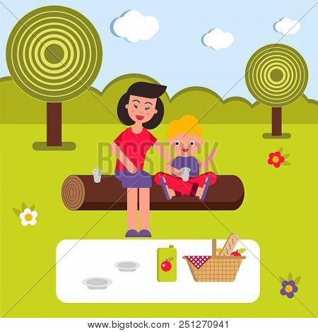 Vector Flat Illustration, Style Cartoon. Young Happy Family On A Picnic. Mom And The Child Are Sitti