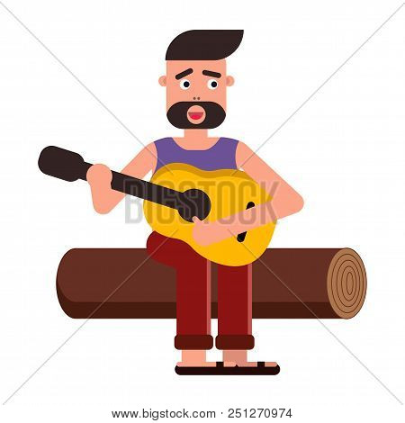 Vector Flat Illustration, Style Cartoon. A Man Sits On A Log And Plays The Guitar, Sings A Song. Nat