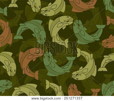 Fish Military Pattern. Fisherman Clothing Texture. Army Background. Protective Soldier Ornament. Vec