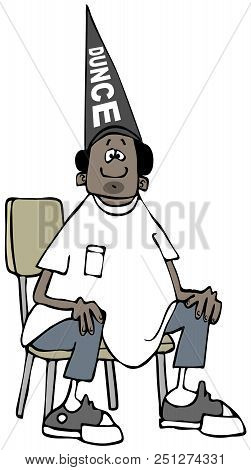 Illustration Of A Black Boy Sitting On A Chair And Wearing A Dunce Cap.