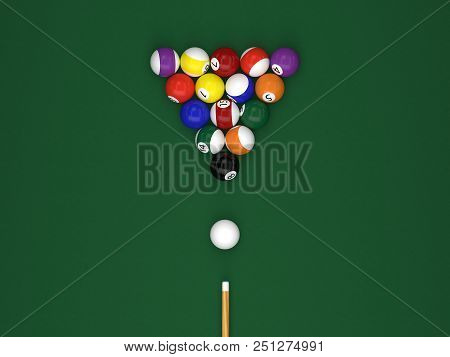 Billiard Balls With A Cue On A Green Billiard Table 3d Rendering