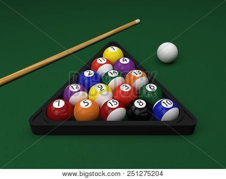 Billiard Balls With A Cue On A Green Billiard Table 3d Rendering