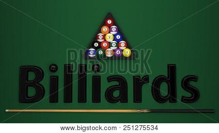 Billiard Balls With A Cue On A Green Billiard Table 3d Rendering