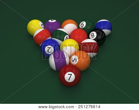 Billiard Balls On Green Table 3d Rendering