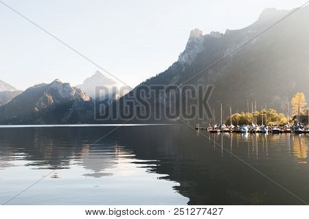 Traunsee Lake In Alps Mountains, Austria. Autumn Landscape