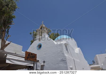 Typical Church With The Blue Roof On Chora Island Of Mykonos .arte History Architecture.3 Of July 20