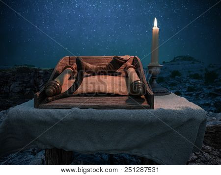 Jewish Holiday Background With Old Scroll Of Tora And Landscape Concept Photo