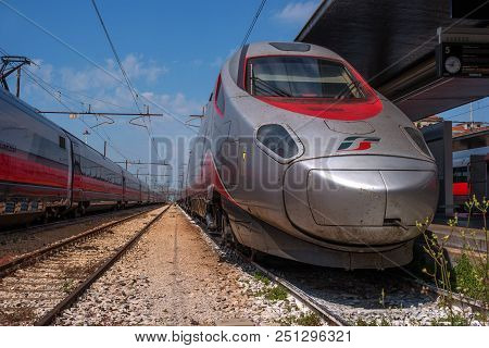 Venice, Italy - 08 May 2018: High-speed Train Trenitalia At The Train Station Of Venice. Locomotive.