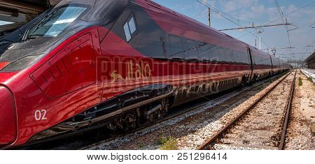 Venice, Italy - 08 May 2018: High-speed Train Italo At The Station Of Venice. Close-up. The Train Ca