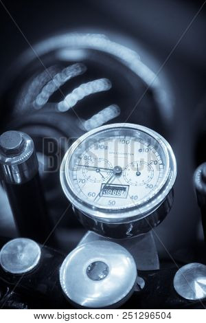Close Up Shot With The Speedometer Of A Vintage Motorcycle.