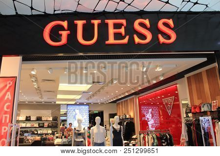 St. Petersburg, Russia - July 25, 2018: Guess Store Front At Shopping Mall. Guess Is An American Clo