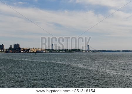 Verrazzano Bridge In New York City As Seen From The Water.