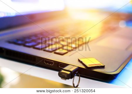 Computer Port And Flash Drive And Memory Card.