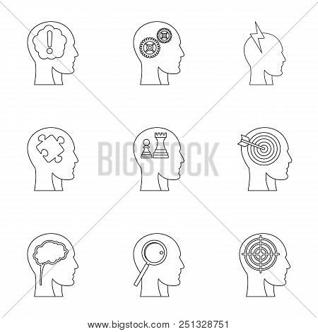 Human Head With Different Things Icons Set. Outline Set Of 9 Human Head With Different Things Vector