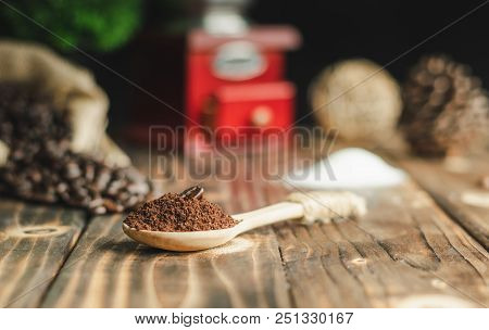 Close Up Coffee Bean On Coffee Grind Under Spoon, Vintage