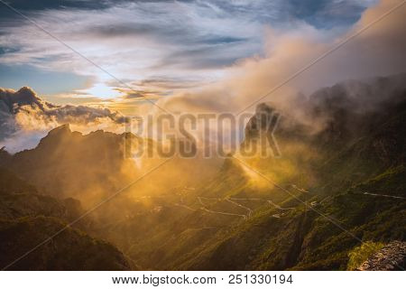 Amazing Sunset Landscape View To Famous Maska Canyon In Rural Park Teno On Tenerife Island Spain