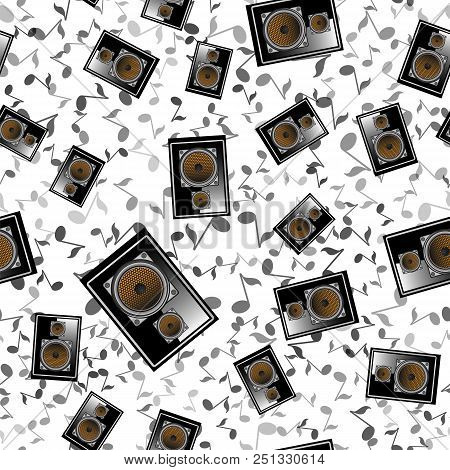 Black Musical Speaker Seamless Pattern With Notes On White Background