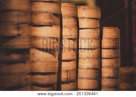 Stack Of Bamboo Rice Steamers Street Food