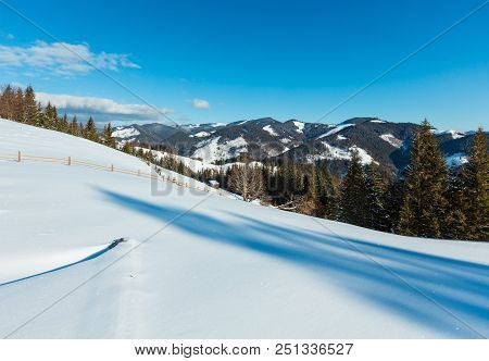 Winter  Morning Picturesque Mountain Hill Top With Farmstead Snow Covered And Some Withered Windbrea