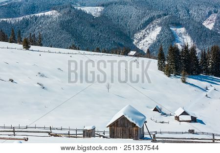 Picturesque Snowy Winter Skupova Mountain Slope And Lone Farmhouse On Plateau Farmstead, Carpathian,