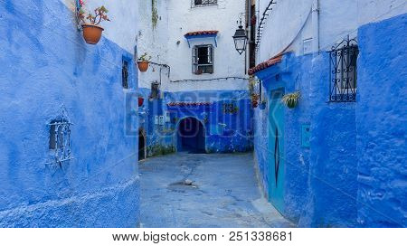 Chefchaouen , Morocco - April 2018: Beautiful Blue Medina Of Chefchaouen City In Morocco, North Afri