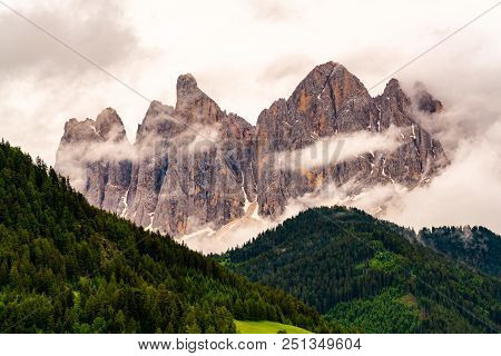 View Of The Mount Geissler Spitzen Of Dolomites At Val Di Funes Valley In South Tyrol Italy In The E