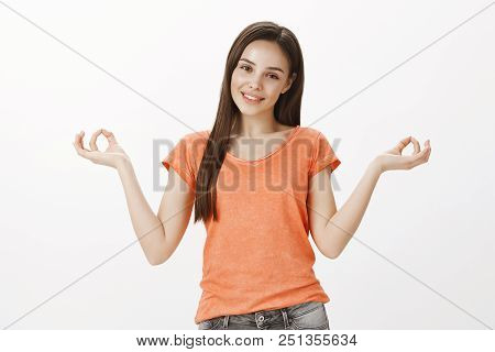 Tired Hard-working Female Coworker Meditation To Boost Energy And Good Mood. Indoor Shot Of Friendly