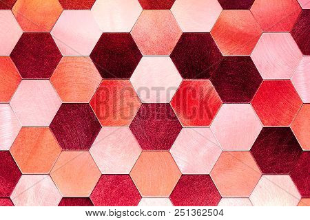Abstract Silver With Red Metallic Background. Geometric Hexagons. Different Color