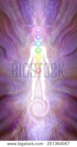 Kundalini Chakra Silhouette Diagram - White Female Silhouette On A Pink Energy Formation Background 