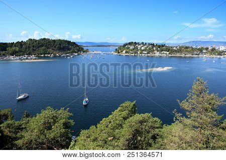 Oslo, Norway - July 22, 2018: View To Oslo Fjord. Two Islands Ormoya And Malmoya Connected To The Ma