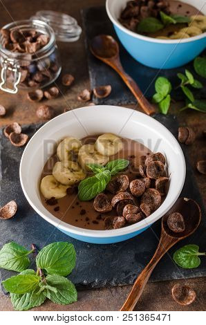 Chocolate Pudding, Banana And Herbs In
