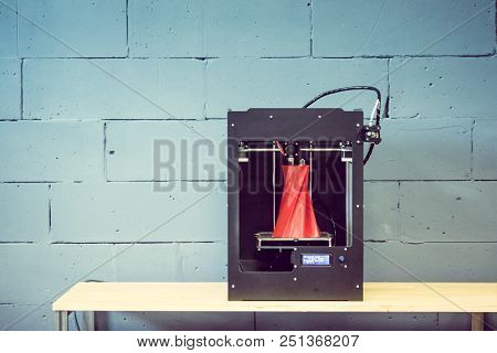 3d Printer Working Close Up. Automatic Three Dimensional 3d Printer Performs Plastic. Modern 3d Prin