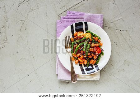 Beans Vegan Salad With Aspargus, Micro Greens And Tomatoes Flat Lay. Tasty Energy Boosting Salad Pla