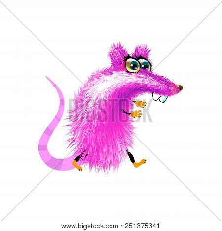Cartoon Pink Cute Rat Isolated. Vector Illustration