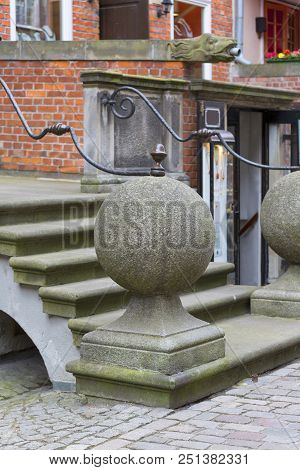 Mariacka Street, Typical Decorative Stoop With Stone Stairs, Fronts Of Colorful Tenements, Main City